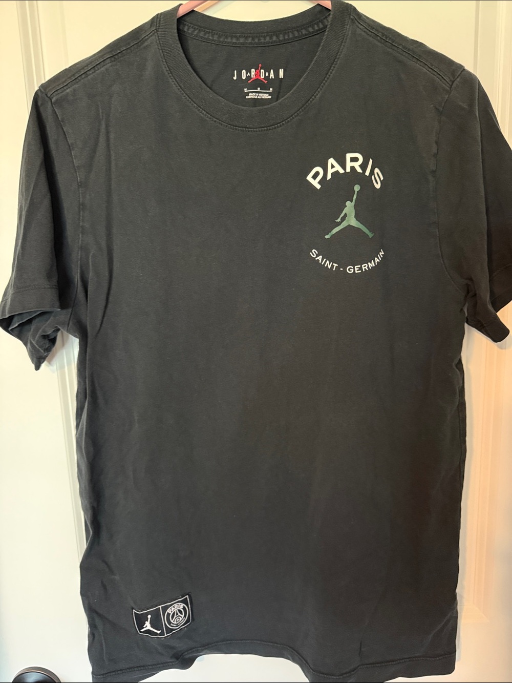 Jordan Paris Saint-Germain Black Crewneck Tee with Mint Jumpman